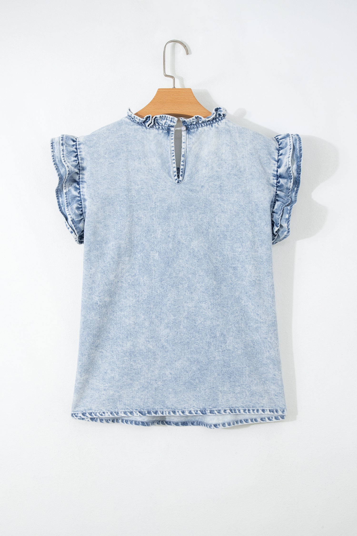 Beau Blue Ruffle Pleated Detail Vintage Washed Denim Top-Tops/Tops & Tees-[Adult]-[Female]-2022 Online Blue Zone Planet