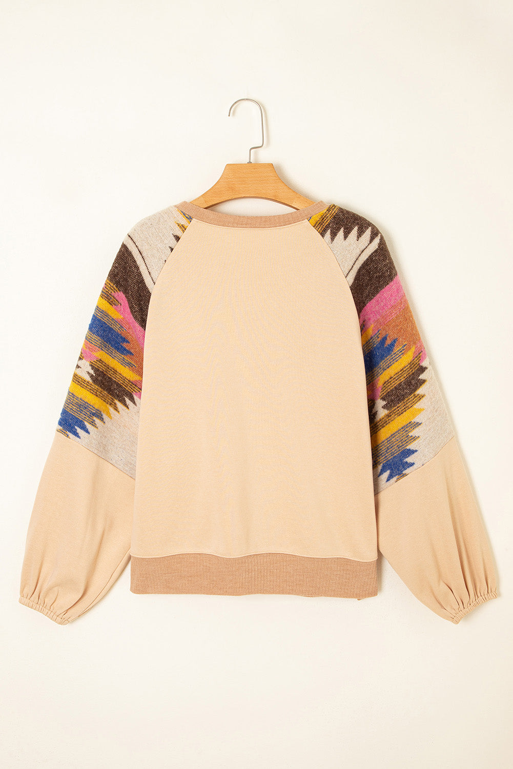 Light French Beige Aztec Patchwork Raglan Pullover Sweatshirt-Tops/Sweatshirts & Hoodies-[Adult]-[Female]-2022 Online Blue Zone Planet