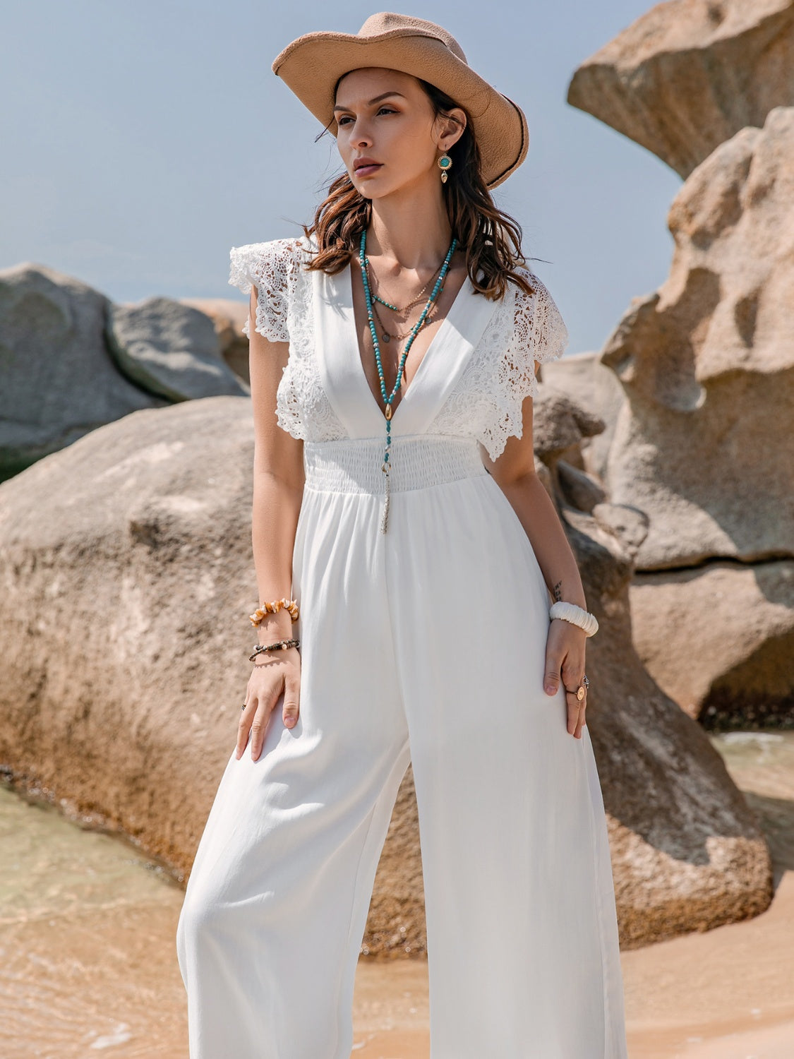 Lace Detail Plunge Cap Sleeve Jumpsuit-TOPS / DRESSES-[Adult]-[Female]-2022 Online Blue Zone Planet