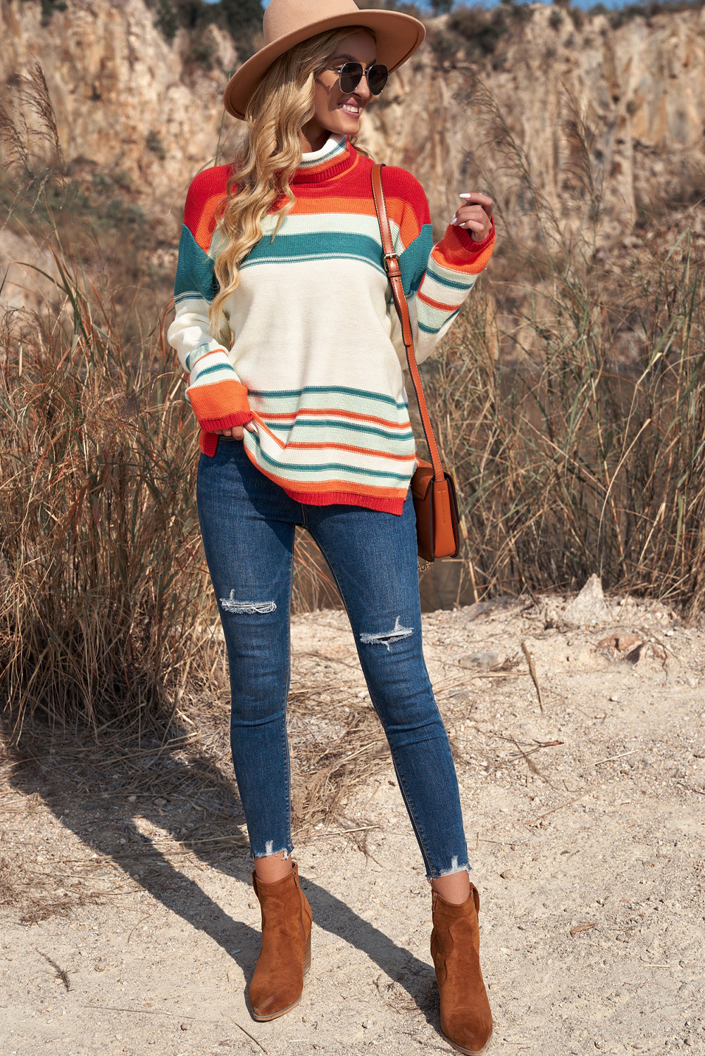 Contrast Striped Turtleneck Dropped Shoulder Sweater-TOPS / DRESSES-[Adult]-[Female]-2022 Online Blue Zone Planet