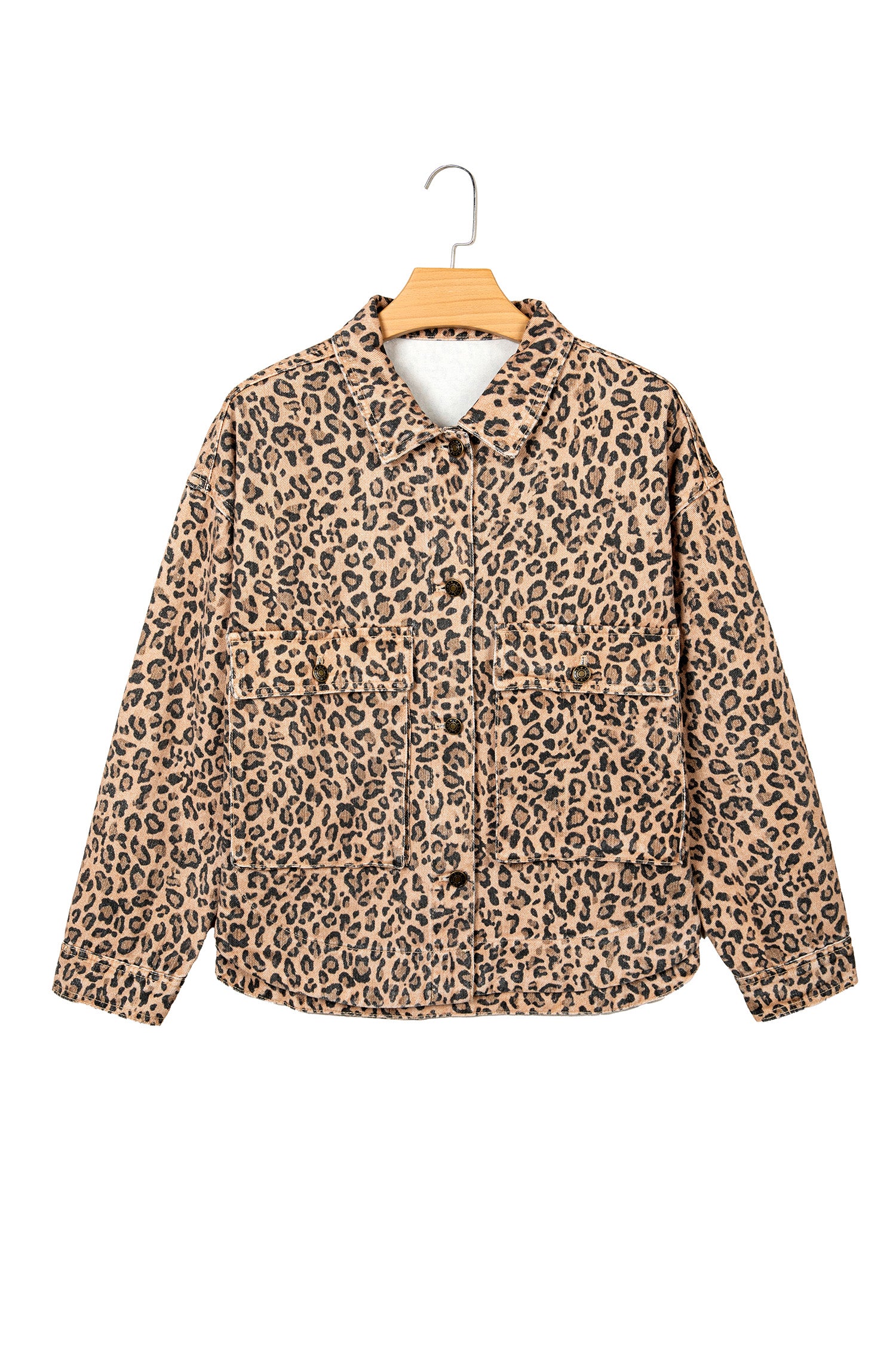 Khaki Leopard Print Collar Long Sleeve Patch Pocket Shift Denim Jacket-Outerwear/Denim jackets-[Adult]-[Female]-2022 Online Blue Zone Planet