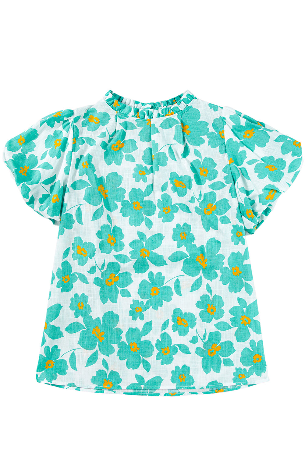 Green Floral Puff Sleeve Frilled Neckline Blouse-Tops/Blouses & Shirts-[Adult]-[Female]-2022 Online Blue Zone Planet