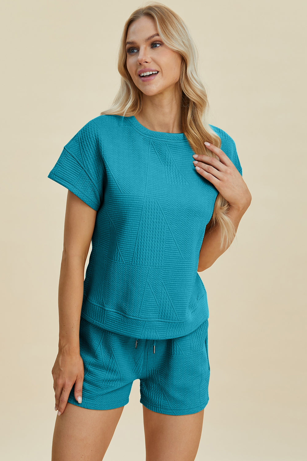 Double Take Full Size Texture Short Sleeve Top and Shorts Set-TOPS / DRESSES-[Adult]-[Female]-2022 Online Blue Zone Planet