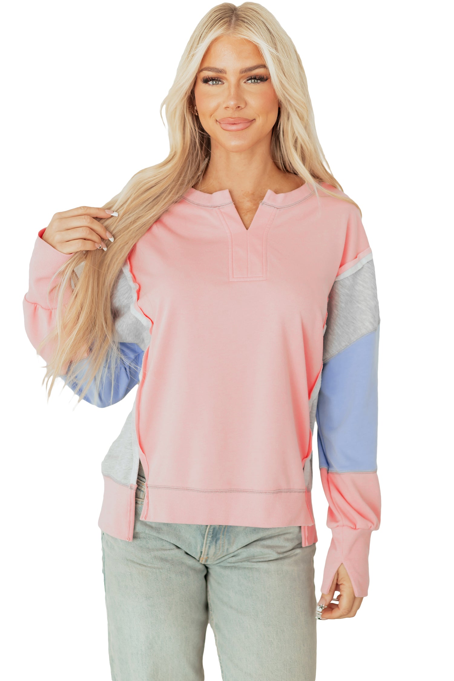 Apricot Pink Exposed Seam Color Block Patchwork Slit Cuffs Oversize Sweatshirt-Tops/Sweatshirts & Hoodies-[Adult]-[Female]-2022 Online Blue Zone Planet