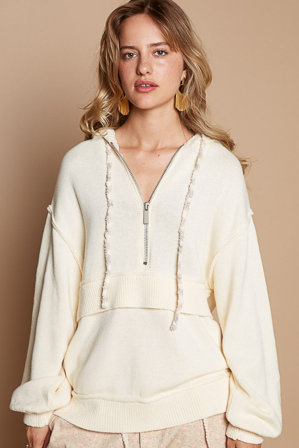 POL Half Zip Drop Shoulder Hooded Sweater-TOPS / DRESSES-[Adult]-[Female]-Provence Cream-S-2022 Online Blue Zone Planet