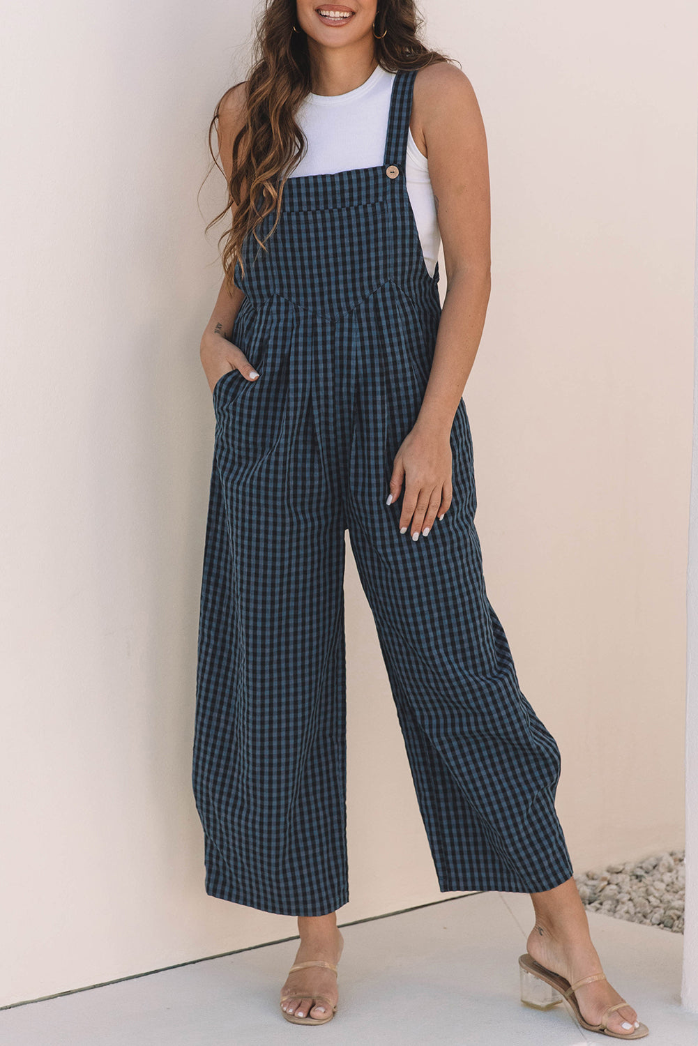Blue Zone Planet | Sail Blue Plaid Print Buttoned Pocketed High Waist Overall-Bottoms/Jumpsuits & Rompers-[Adult]-[Female]-2022 Online Blue Zone Planet