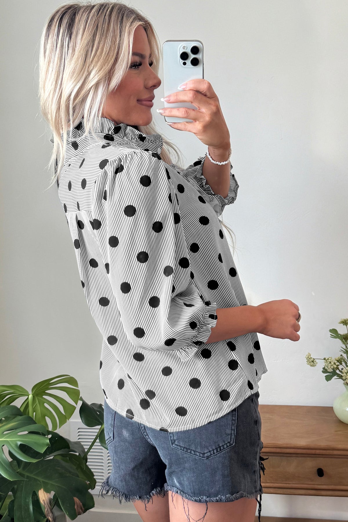 Black white Polka Dot Striped Print Ruffle Stand Neck 3/4 Sleeve Shift Shirt-Tops/Blouses & Shirts-[Adult]-[Female]-2022 Online Blue Zone Planet