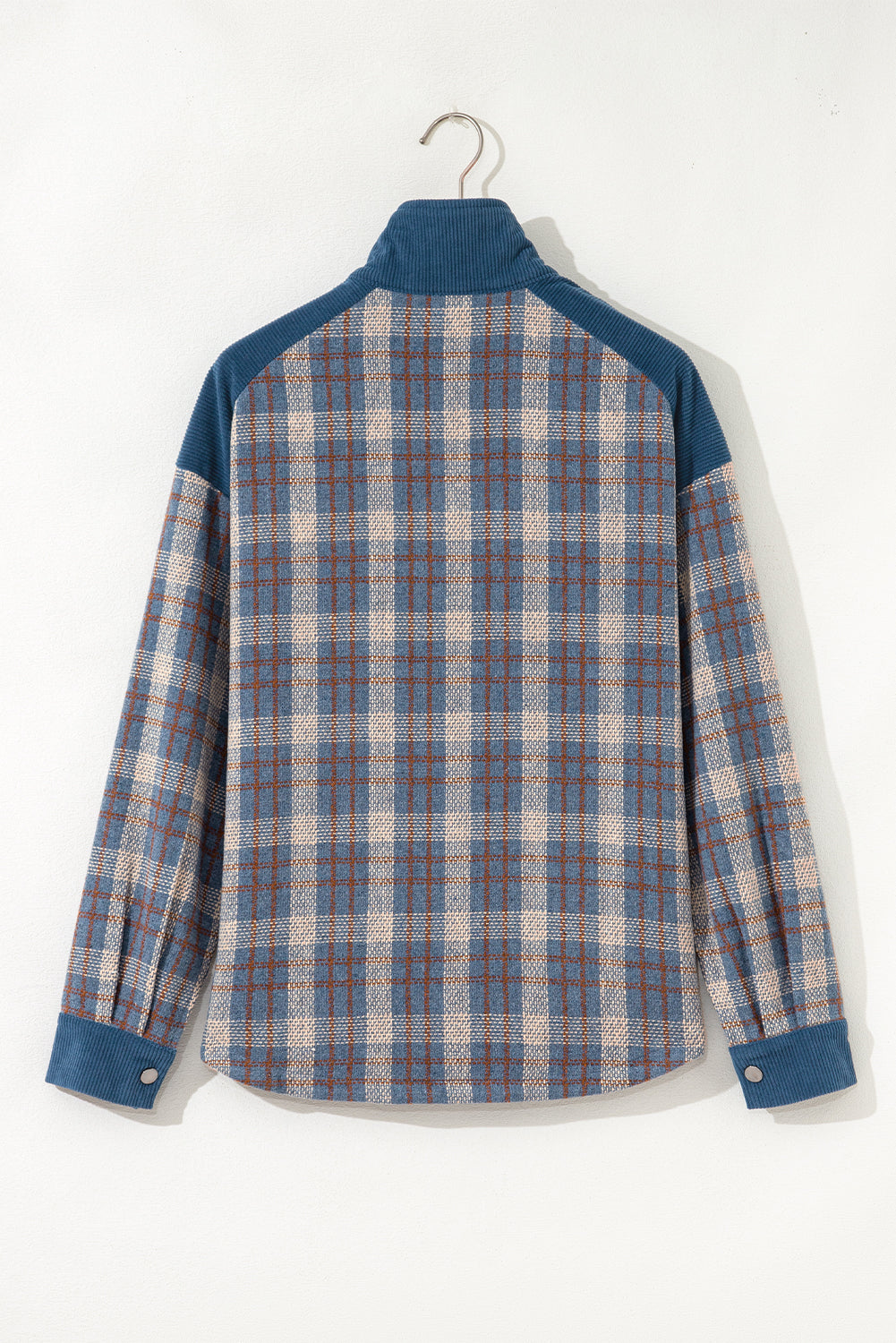 Gray Plaid Corduroy Patchwork Collared Zip Up Snap Button Jacket-Outerwear/Plaid Shackets-[Adult]-[Female]-2022 Online Blue Zone Planet