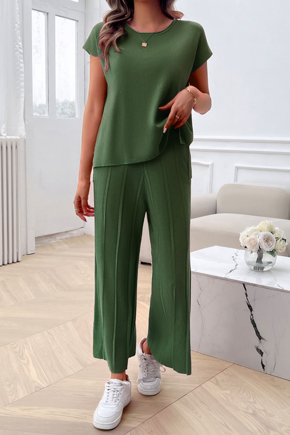 Devine Round Neck Short Sleeve Top and Pants Set-TOPS / DRESSES-[Adult]-[Female]-Green-S-2022 Online Blue Zone Planet