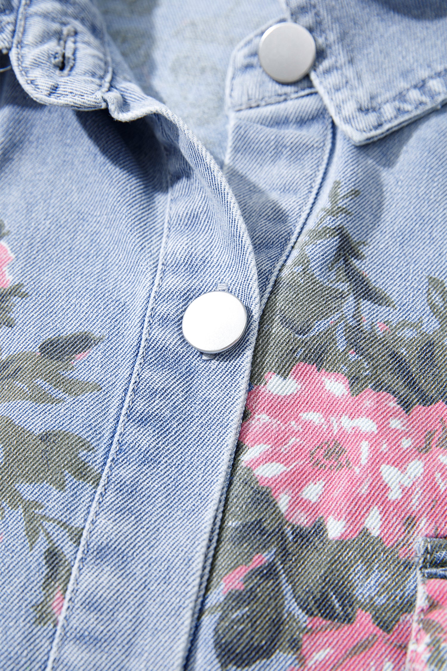 Sky Blue Denim Floral Print Cuffed Short Sleeve Button Down Shift Dress-TOPS / DRESSES-[Adult]-[Female]-2022 Online Blue Zone Planet