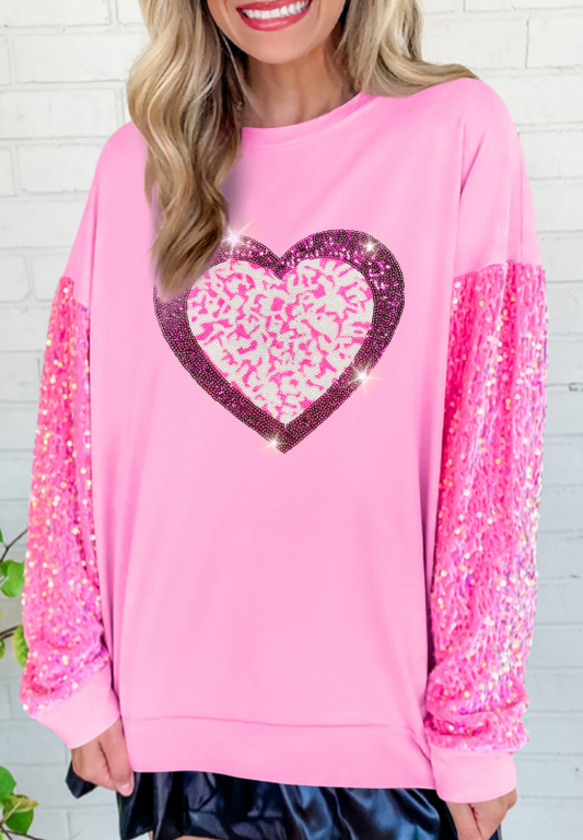 Valentine’s Day Sequin Heart Long Sleeve Sweatshirt-TOPS / DRESSES-[Adult]-[Female]-Pink-S-2022 Online Blue Zone Planet