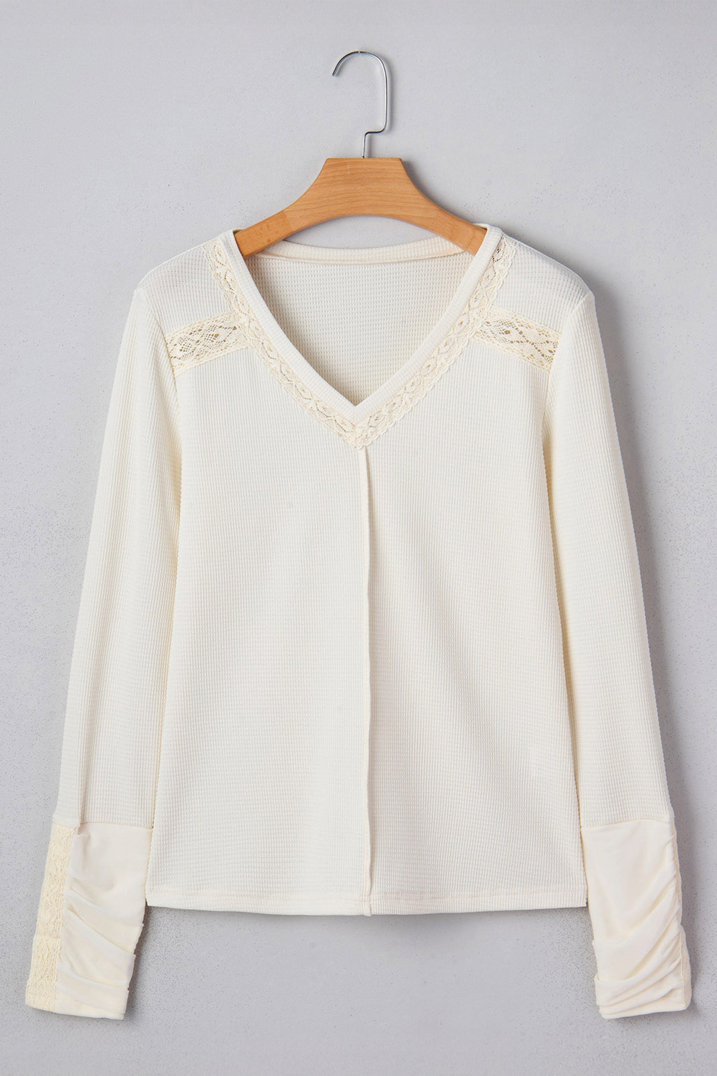 Beige Thermal Knit Lace Ruched Patchwork Long Sleeve V Neck Top-Tops/Long Sleeve Tops-[Adult]-[Female]-2022 Online Blue Zone Planet
