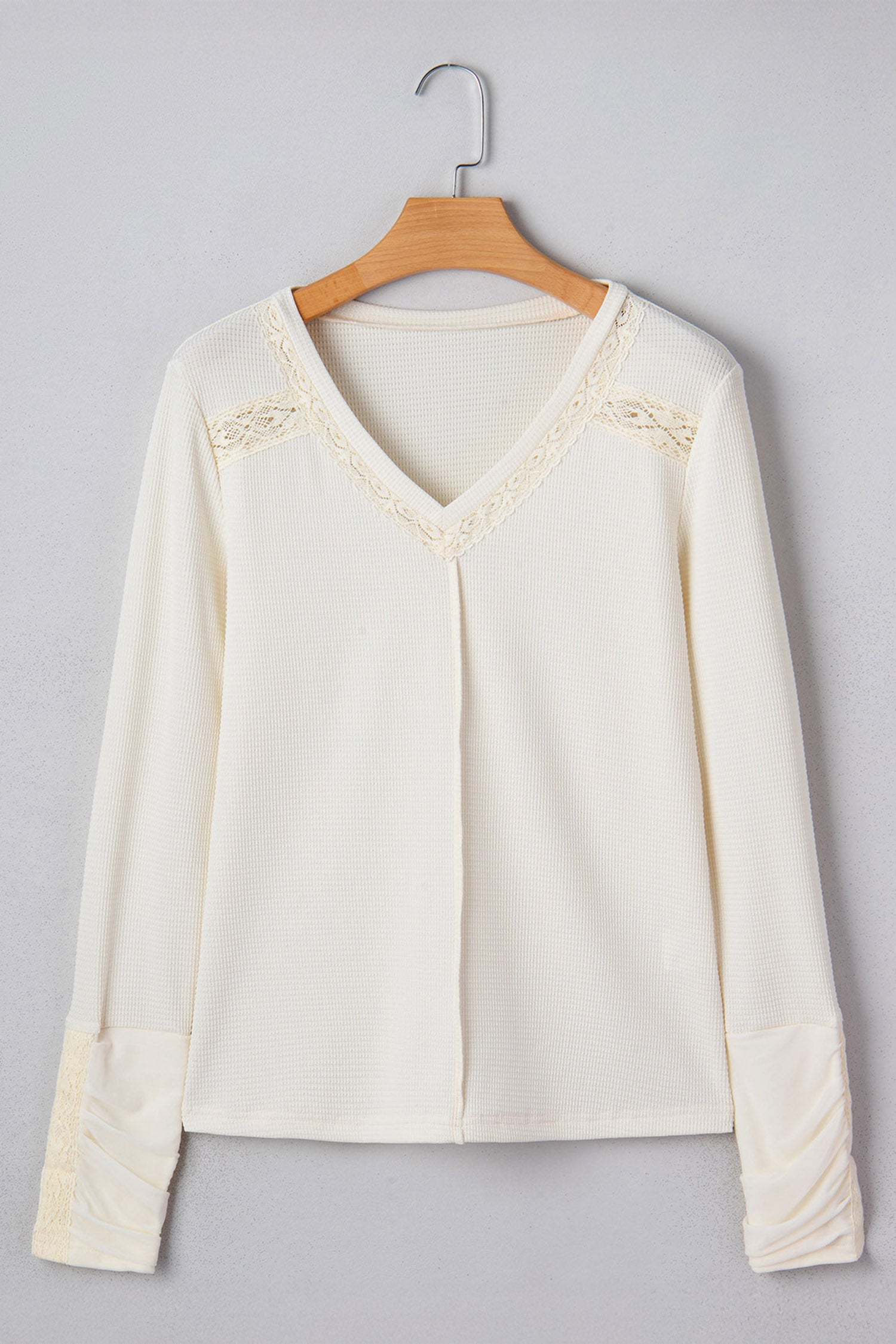 Beige Thermal Knit Lace Ruched Patchwork Long Sleeve V Neck Top-Tops/Long Sleeve Tops-[Adult]-[Female]-2022 Online Blue Zone Planet
