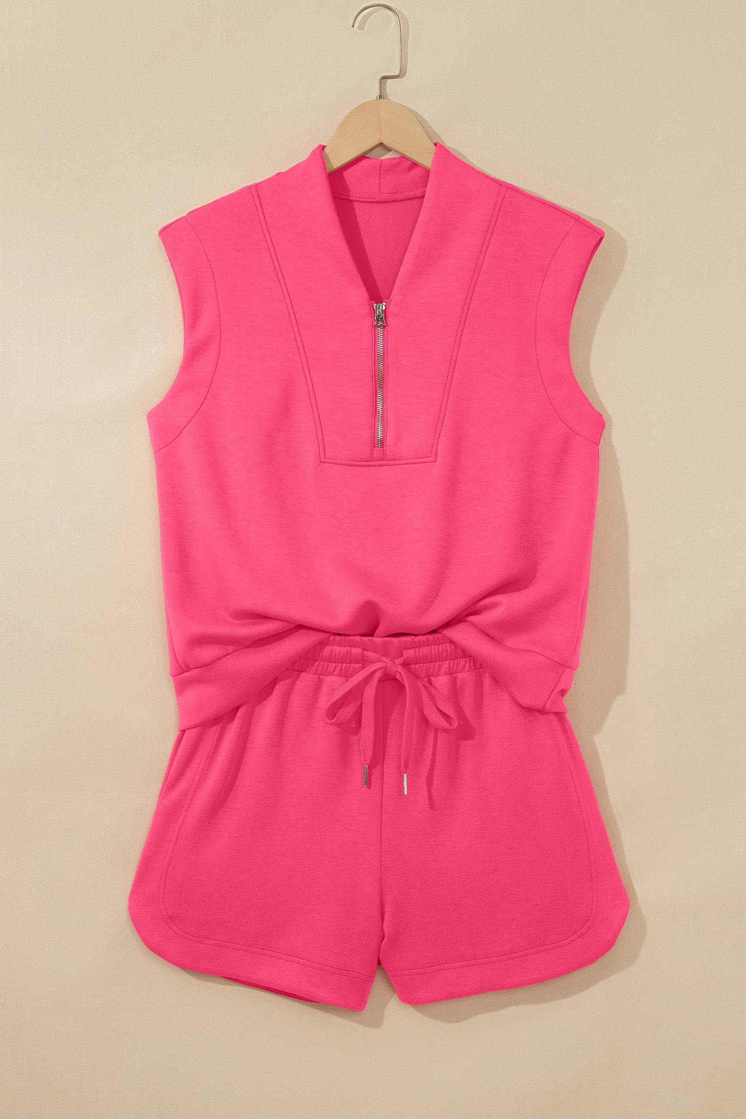 Fiery Red Quarter Zip Sleeveless Top Drawstring Shorts Casual 2pcs Outfit-Two Piece Sets/Short Sets-[Adult]-[Female]-2022 Online Blue Zone Planet