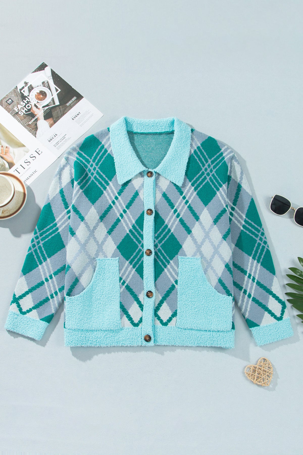 Green Plaid V Neck Long Sleeve Shift Cardigan Sweater-TOPS / DRESSES-[Adult]-[Female]-2022 Online Blue Zone Planet
