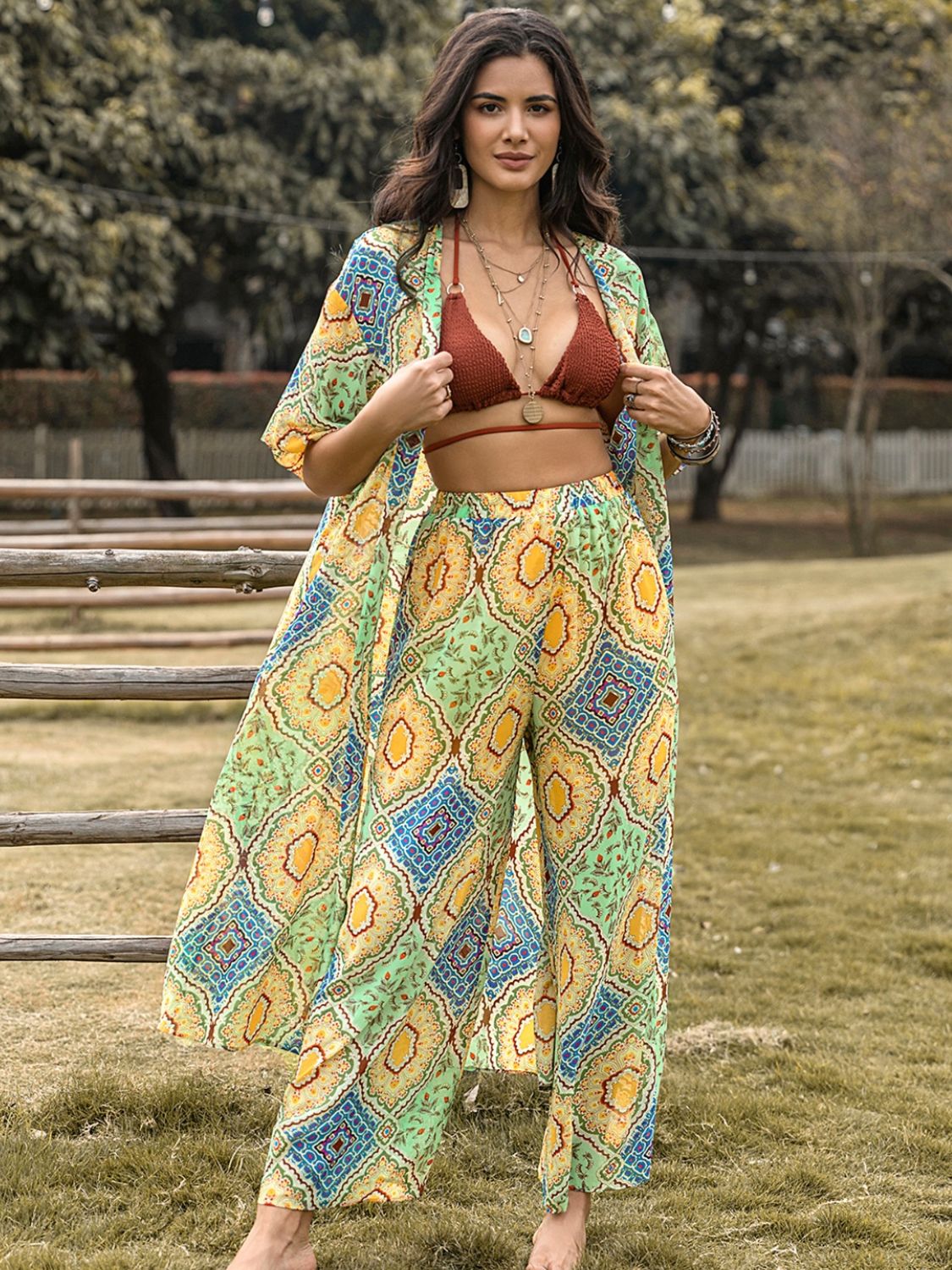 Blue Zone Planet | Printed Half Sleeve Top and Wide Leg Pants Set-TOPS / DRESSES-[Adult]-[Female]-Gum Leaf-S-2022 Online Blue Zone Planet