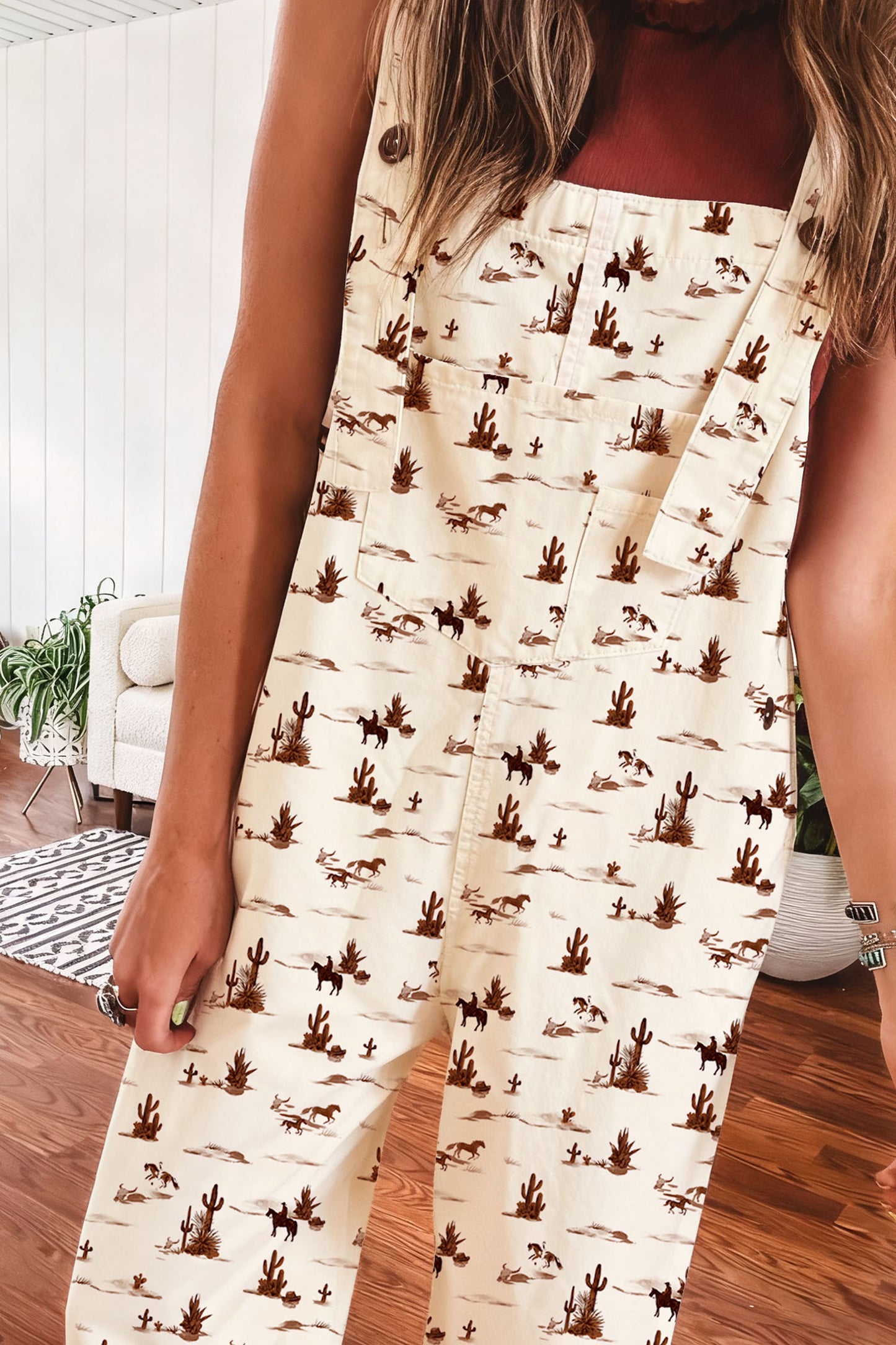 Beige Western Printed Button Adjustable Straps Loose Jumpsuit Dungarees-Bottoms/Jumpsuits & Rompers-[Adult]-[Female]-2022 Online Blue Zone Planet