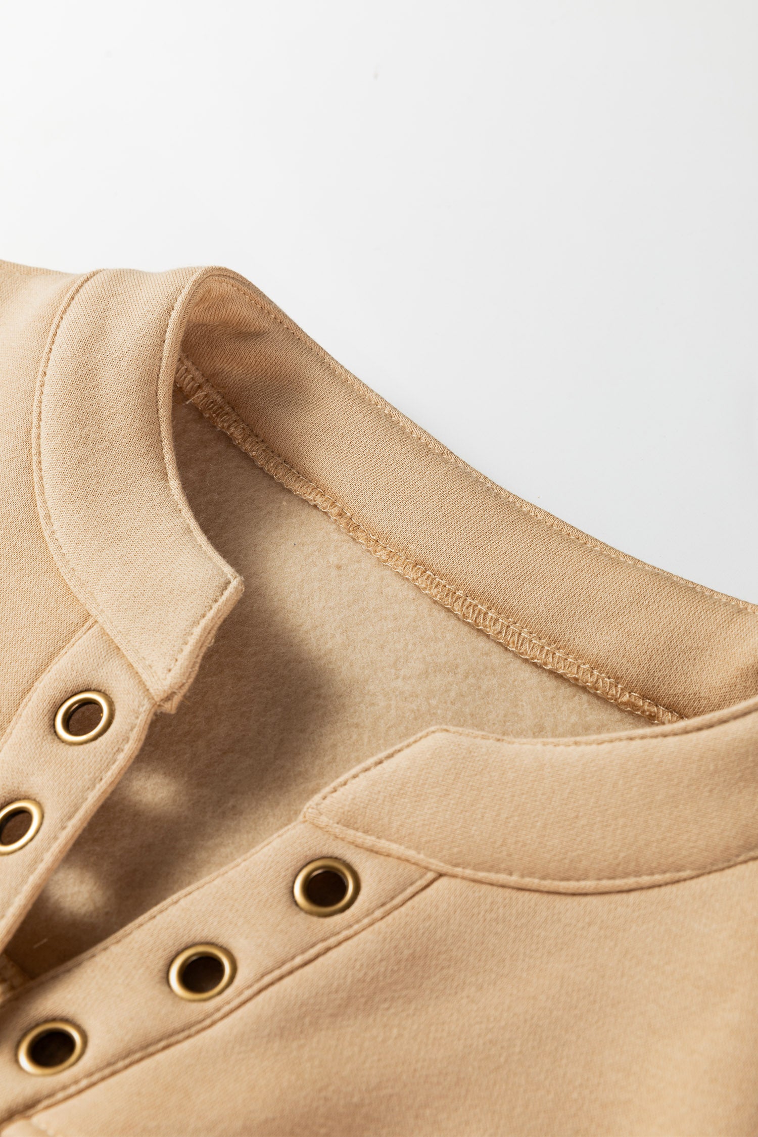 Light French Beige Grommet Detail V Neck Sweatshirt-Tops/Sweatshirts & Hoodies-[Adult]-[Female]-2022 Online Blue Zone Planet