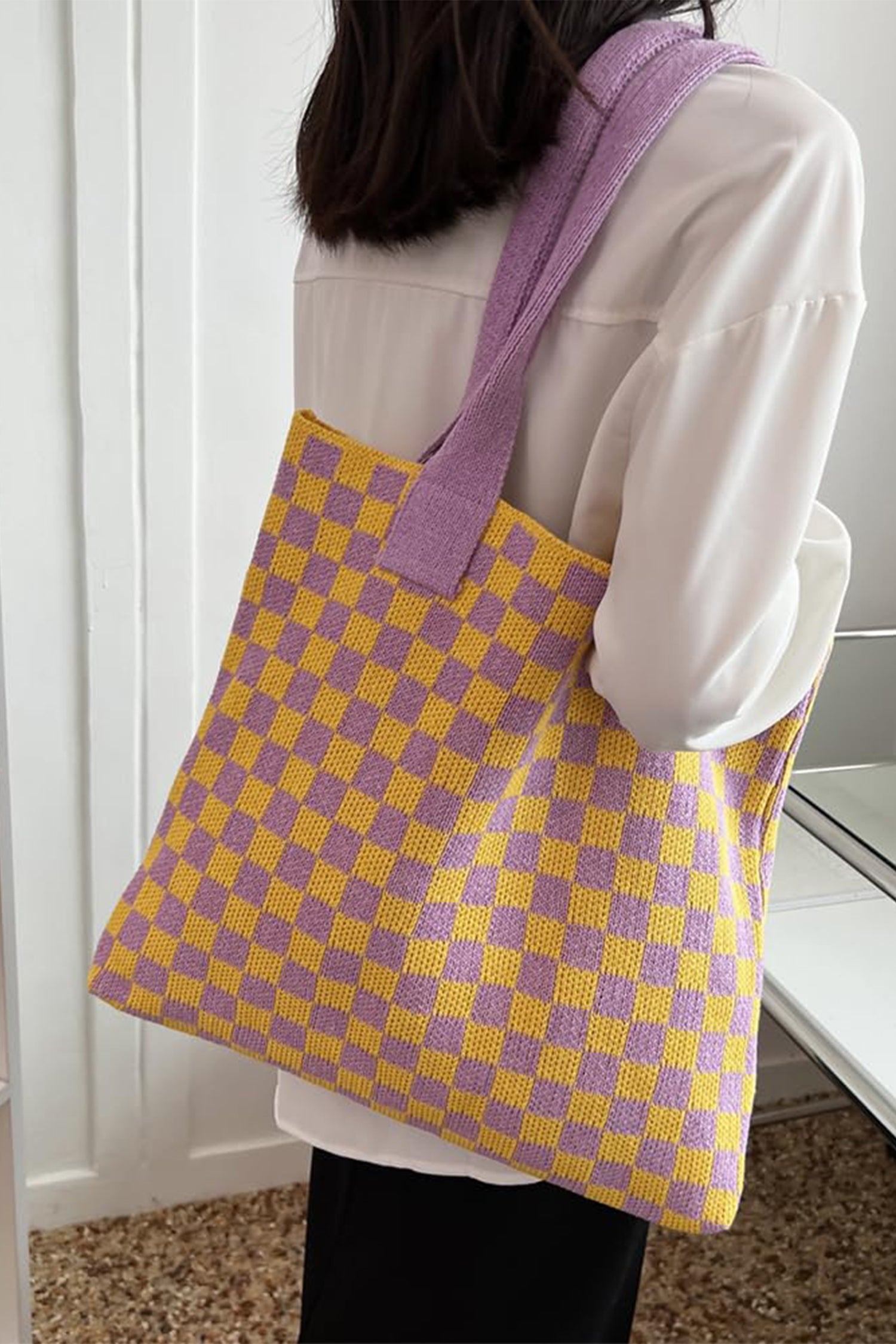 Ginger Checkered Knit Eco-Friendly Tote Bag-Shoes & Bags/Shoulder Bags-[Adult]-[Female]-2022 Online Blue Zone Planet