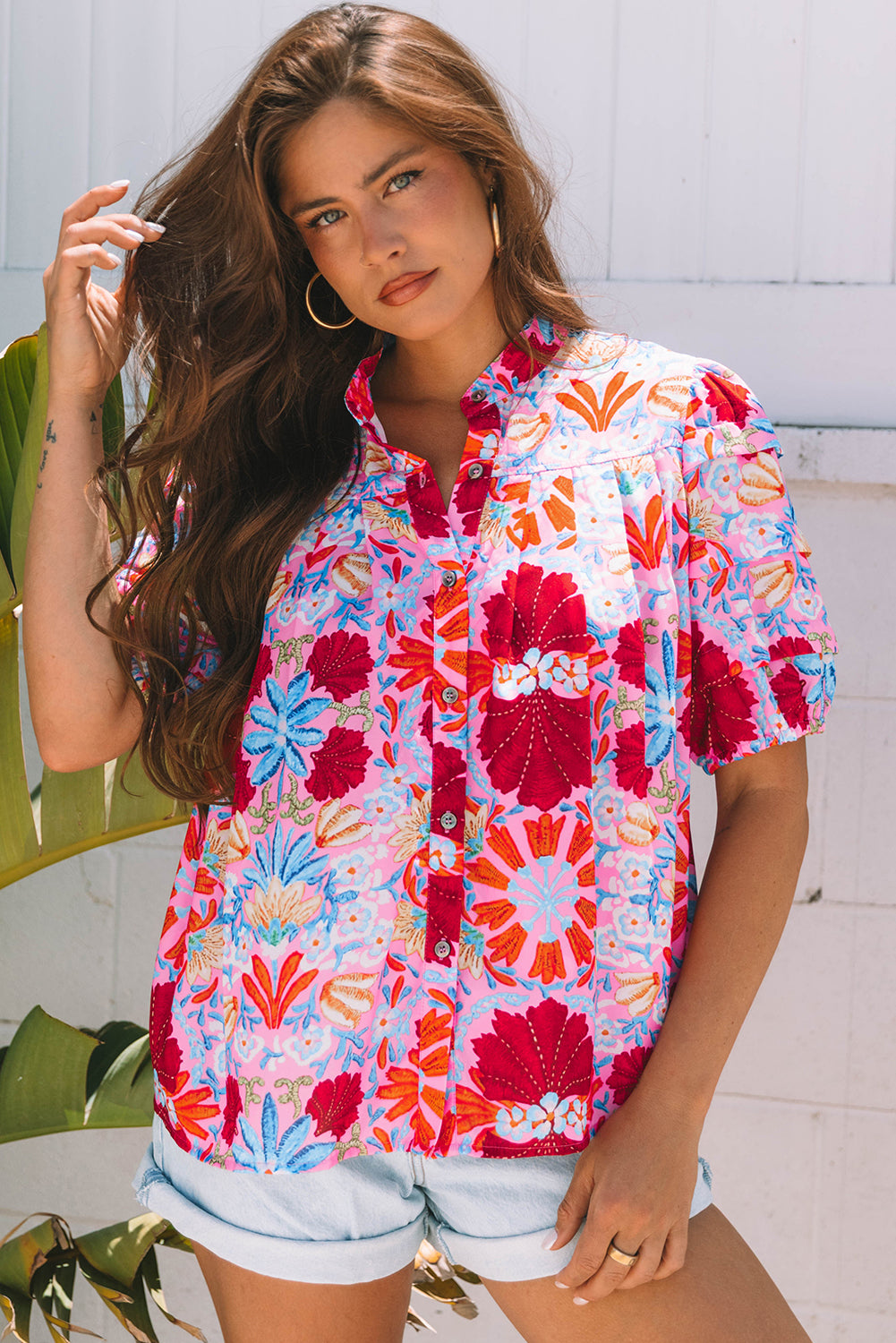 Pink Floral Print Bubble Sleeve Button Up Pleated Shirt-Tops/Blouses & Shirts-[Adult]-[Female]-2022 Online Blue Zone Planet