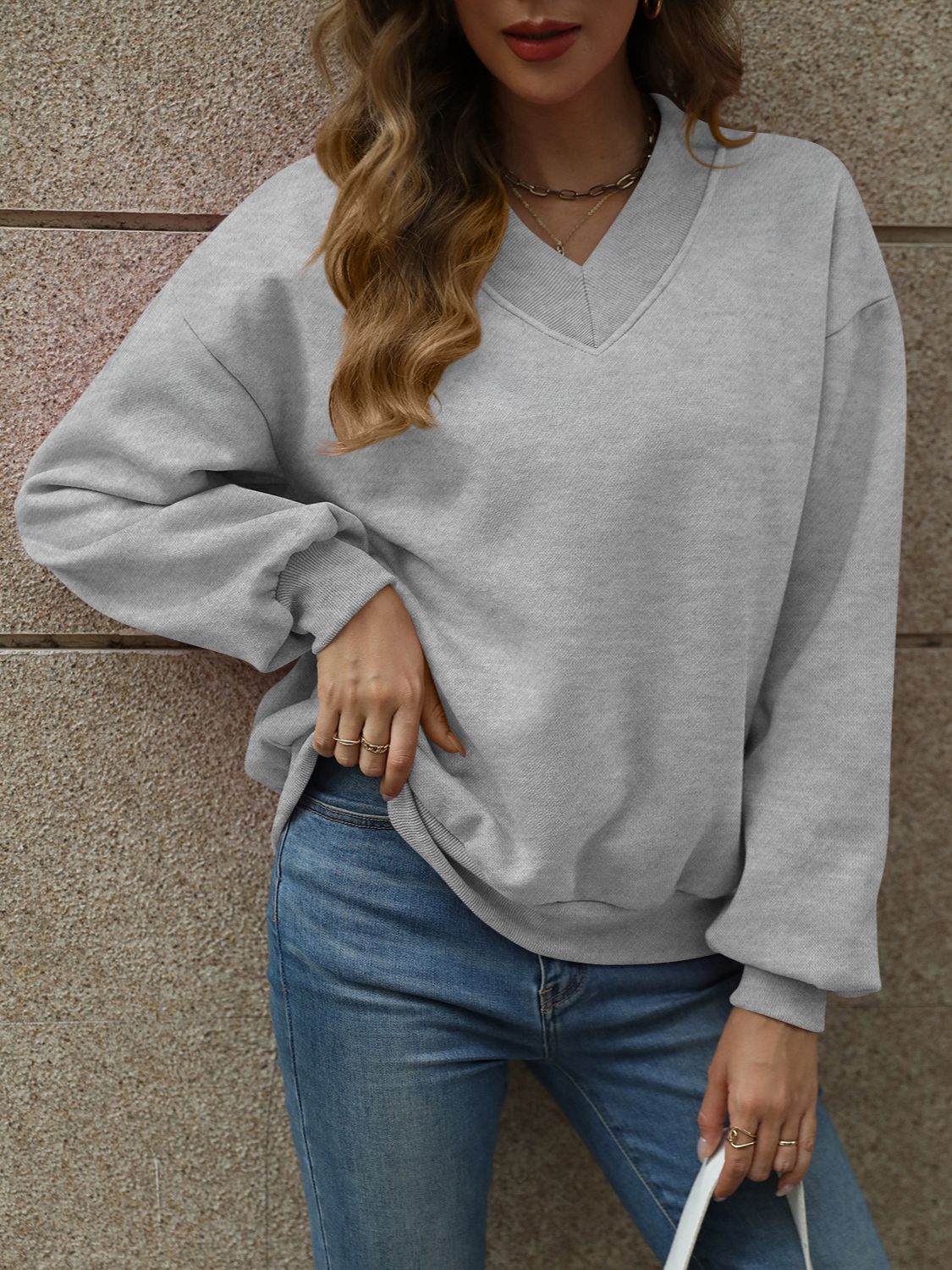 V-Neck Long Sleeve Dropped Shoulder Sweatshirt-TOPS / DRESSES-[Adult]-[Female]-Light Gray-S-2022 Online Blue Zone Planet