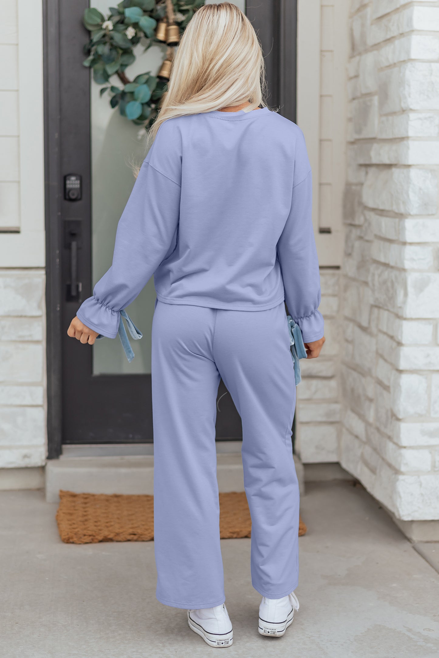 Beau Blue Flounce Long Sleeve Top Drawstring Pants Contrast Velvet Bow Knot 2pcs Lounge Set-Loungewear & Sleepwear/Loungewear-[Adult]-[Female]-2022 Online Blue Zone Planet