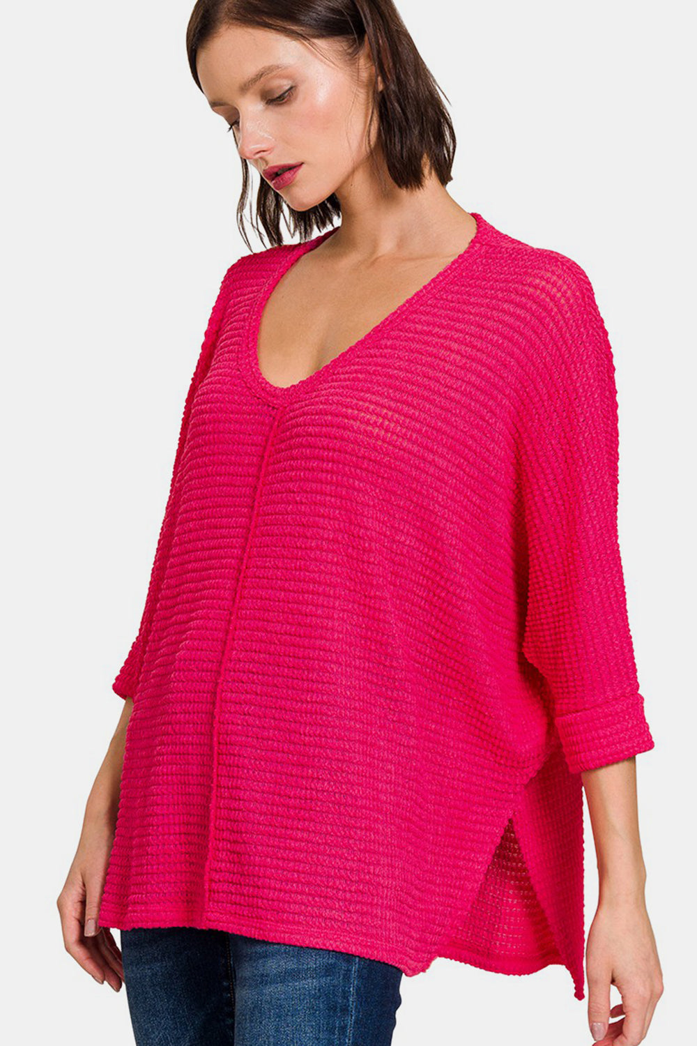 Zenana V-Neck High-Low Jacquard Knit Top-TOPS / DRESSES-[Adult]-[Female]-Viva Magenta-S/M-2022 Online Blue Zone Planet