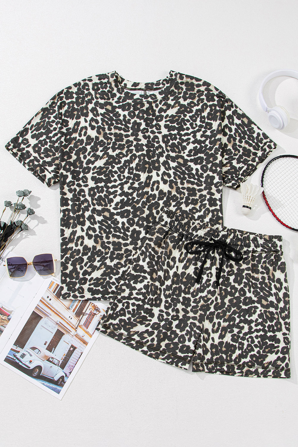 Black Cheetah Printed Casual Tee and Shorts Lounge Set-Loungewear & Sleepwear/Loungewear-[Adult]-[Female]-2022 Online Blue Zone Planet