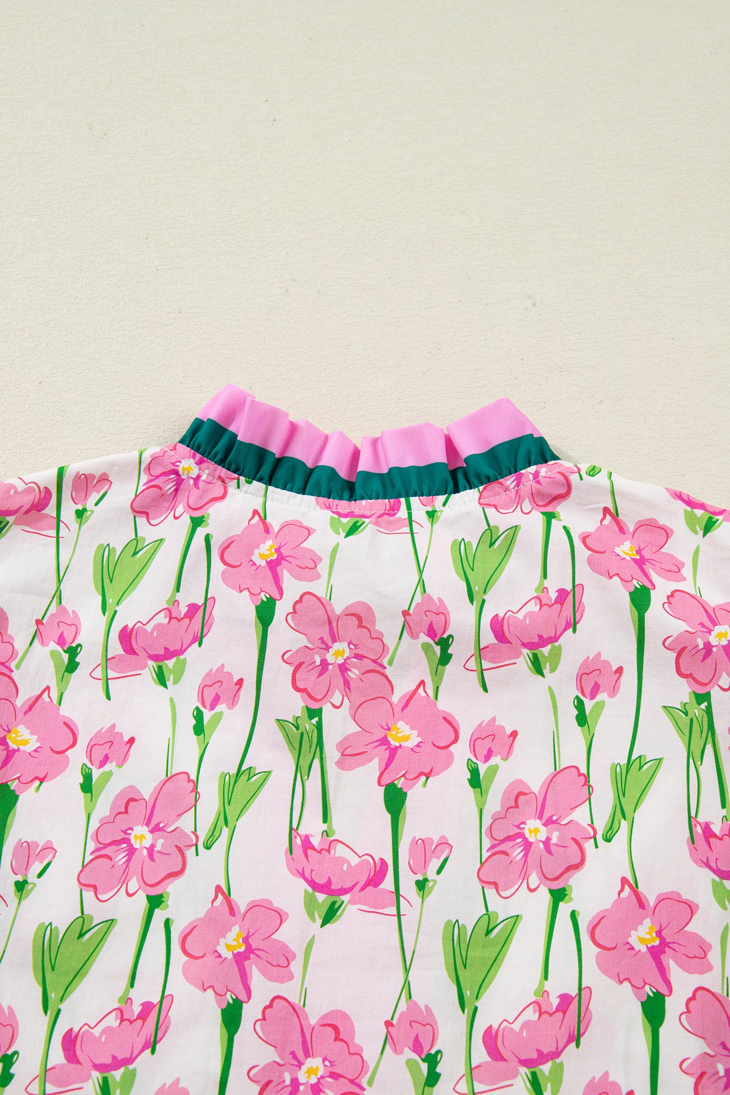 Pink Floral Print Contrast Trim V Neck Double Ruffled Short Sleeve Blouse-Tops/Blouses & Shirts-[Adult]-[Female]-2022 Online Blue Zone Planet