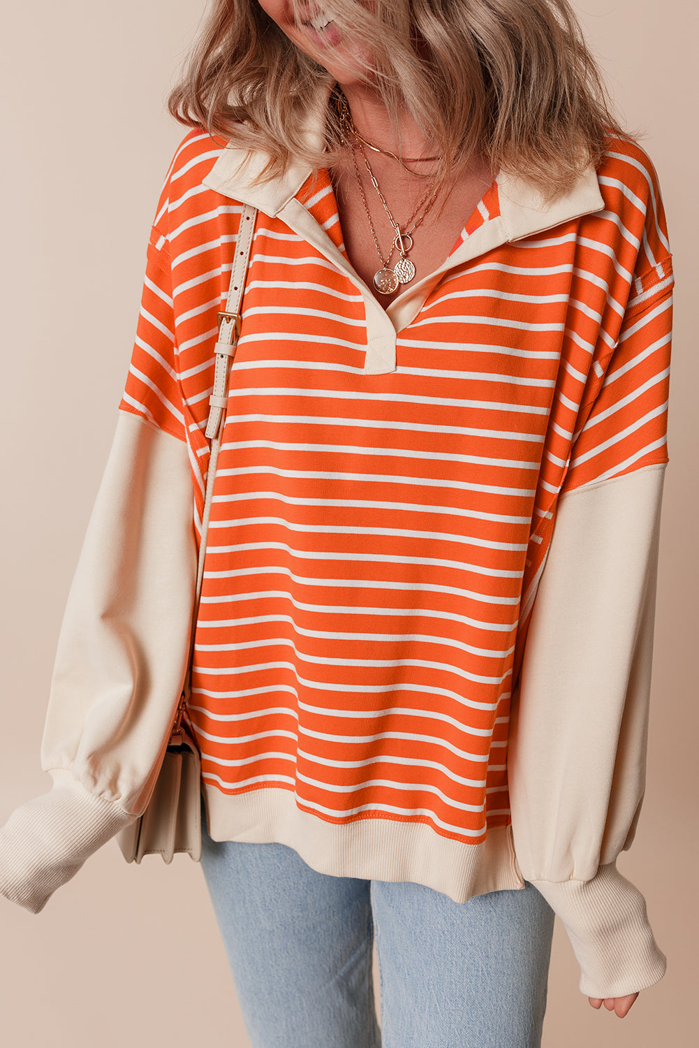 Orange Stripe Color Block Loose Fit Collared Drop Shoulder Sweatshirt-Tops/Sweatshirts & Hoodies-[Adult]-[Female]-2022 Online Blue Zone Planet