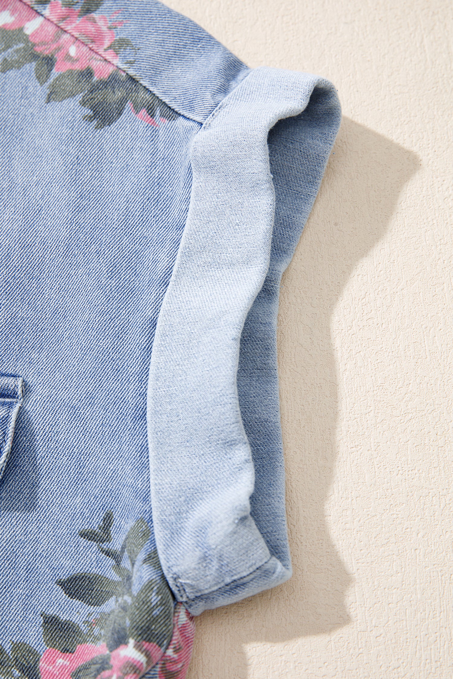 Sky Blue Denim Floral Print Cuffed Short Sleeve Button Down Shift Dress-TOPS / DRESSES-[Adult]-[Female]-2022 Online Blue Zone Planet