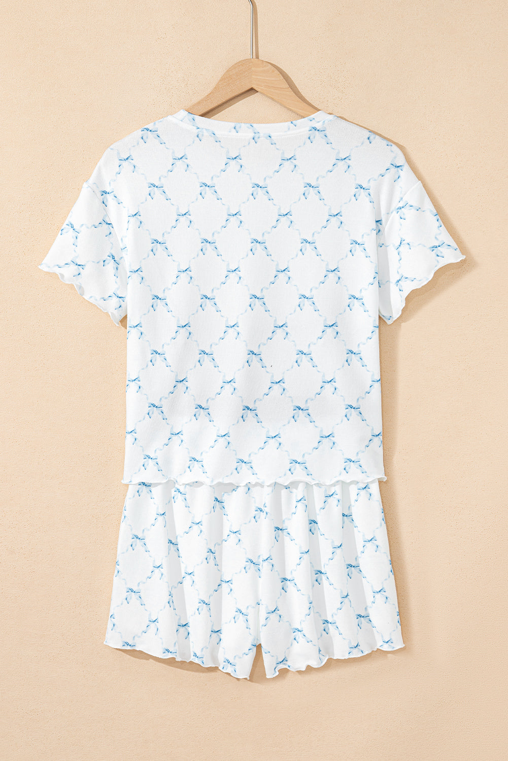 Sky Blue Bow Knot Geometric Print Lettuce Trim Two Piece Lounge Set-Loungewear & Sleepwear/Loungewear-[Adult]-[Female]-2022 Online Blue Zone Planet