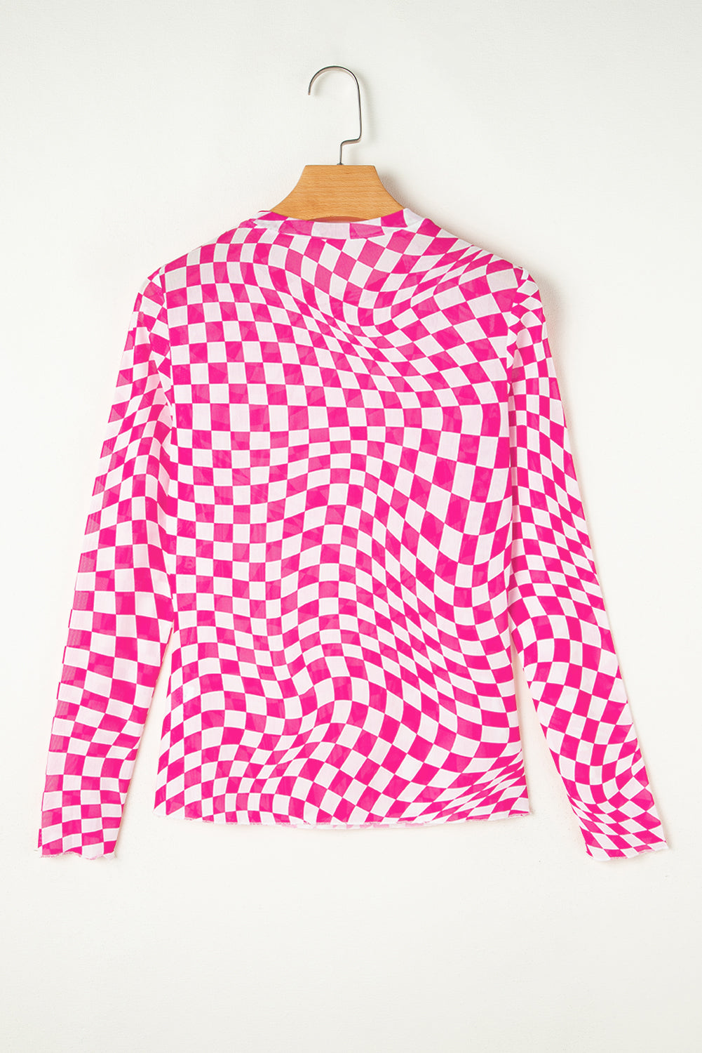 Blue Zone Planet | Rose Checkered Pattern Mesh Mock Neck Long Sleeve Top-Tops/Long Sleeve Tops-[Adult]-[Female]-2022 Online Blue Zone Planet