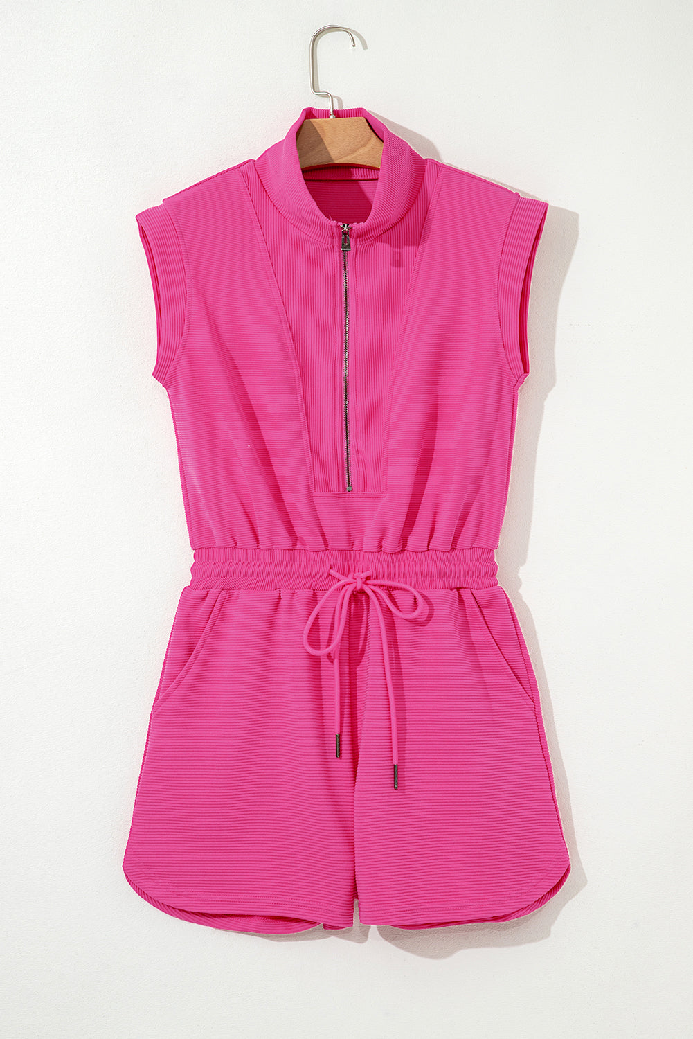 Rose Red Textured Short Sleeve Half Zip Drawstring Waist Romper-Bottoms/Jumpsuits & Rompers-[Adult]-[Female]-2022 Online Blue Zone Planet