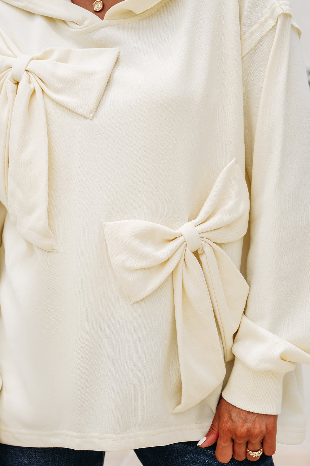 White Solid Color Cute Bow Detail Loose Hoodie-Tops / Dresses-[Adult]-[Female]-2022 Online Blue Zone Planet