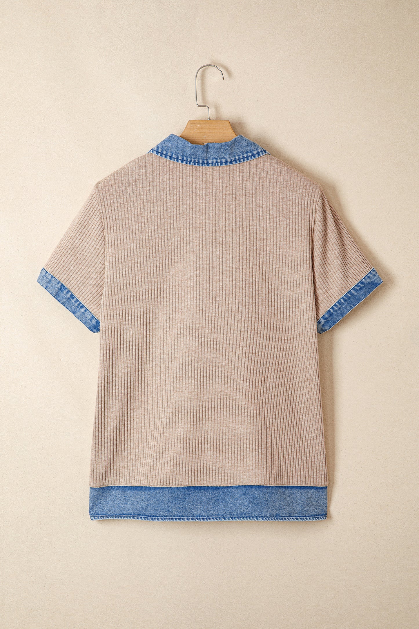 Beige Ribbed Knit Denim Color Block Patchwork Button Detail Collared Blouse-Tops/Blouses & Shirts-[Adult]-[Female]-2022 Online Blue Zone Planet