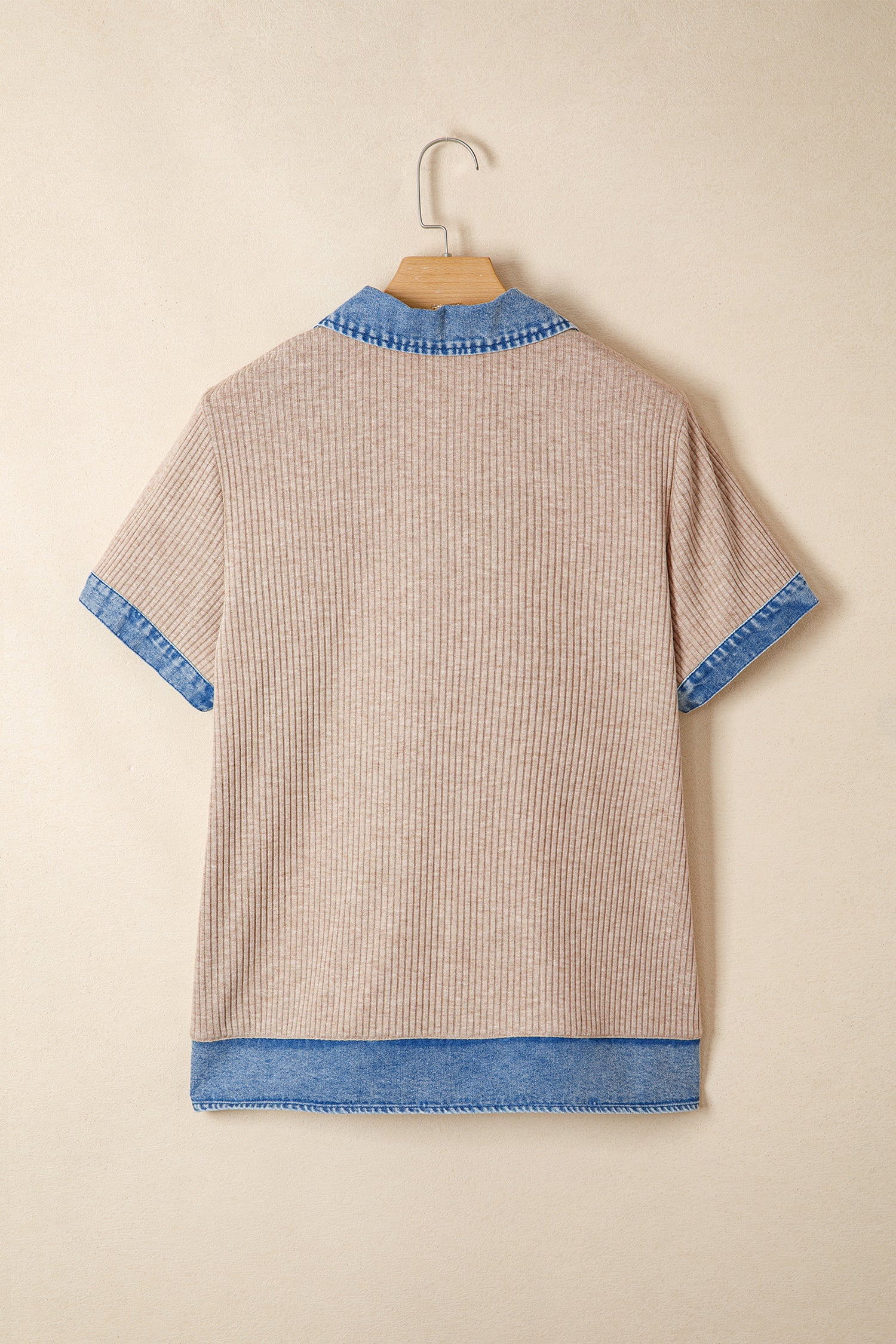 Beige Ribbed Knit Denim Color Block Patchwork Button Detail Collared Blouse-Tops/Blouses & Shirts-[Adult]-[Female]-2022 Online Blue Zone Planet