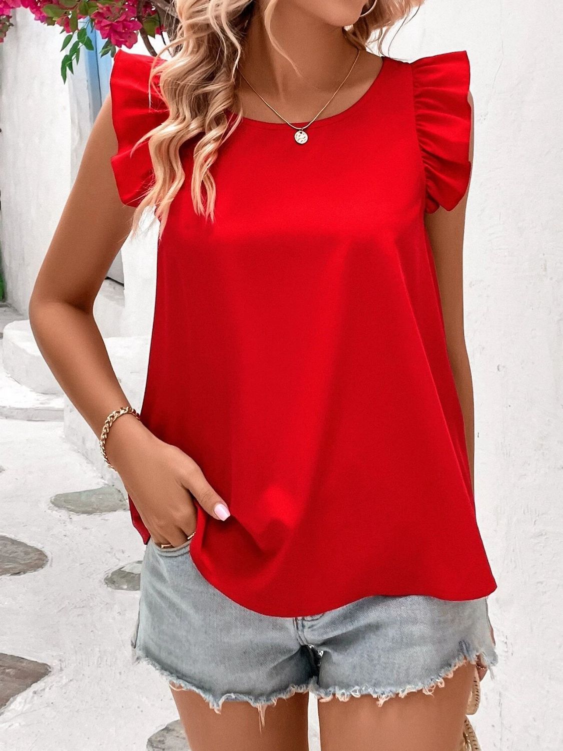 Crisscross Back Ruffled Round Neck Cap Sleeve Blouse-TOPS / DRESSES-[Adult]-[Female]-2022 Online Blue Zone Planet