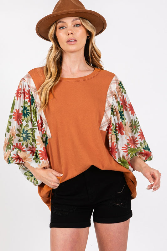 Blue Zone Planet | SAGE + FIG Full Size Printed Balloon Sleeve Contrast Top-TOPS / DRESSES-[Adult]-[Female]-Caramel-S-2022 Online Blue Zone Planet