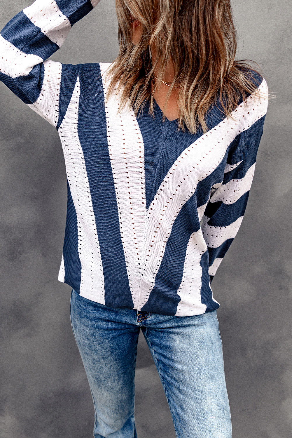 Blue Striped Colorblock V Neck Knitted Sweater-TOPS / DRESSES-[Adult]-[Female]-2022 Online Blue Zone Planet