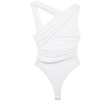 Blue Zone Planet | asymmetric pleated tulle bodysuit-TOPS / DRESSES-[Adult]-[Female]-White-S-2022 Online Blue Zone Planet