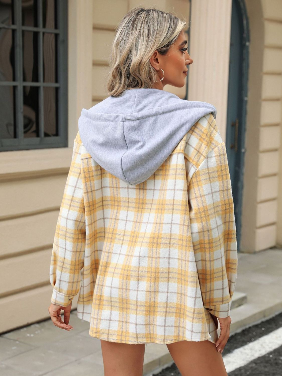 Drawstring Plaid Button Up Hooded Jacket-TOPS / DRESSES-[Adult]-[Female]-2022 Online Blue Zone Planet