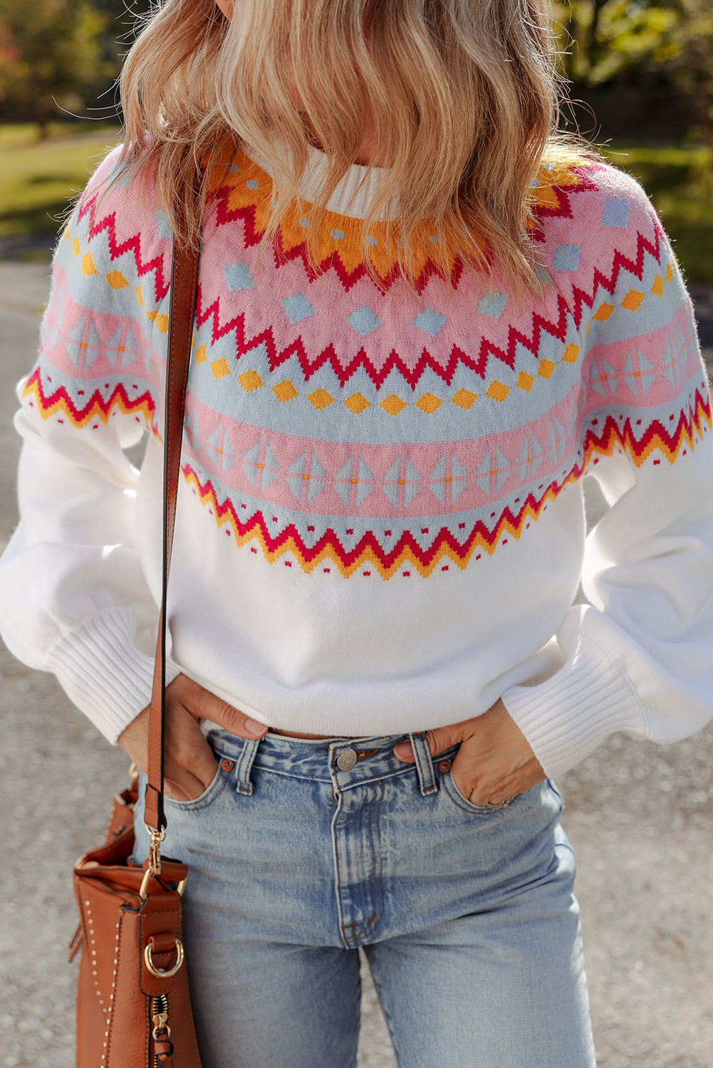 White Ethnic Geometric Colorblock Print Drop Shoulder Sweater-Sweaters & Cardigans/Sweaters-[Adult]-[Female]-2022 Online Blue Zone Planet