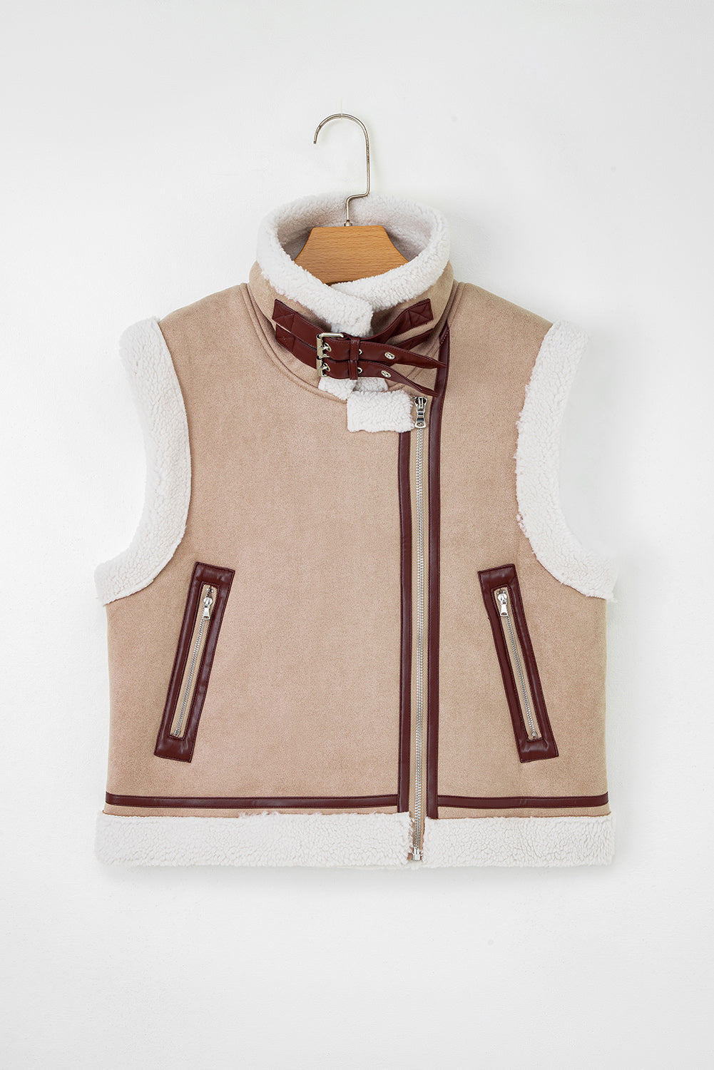 Dark Khaki Sherpa Lined Faux Suede Lapel Collar Vest-TOPS / DRESSES-[Adult]-[Female]-2022 Online Blue Zone Planet