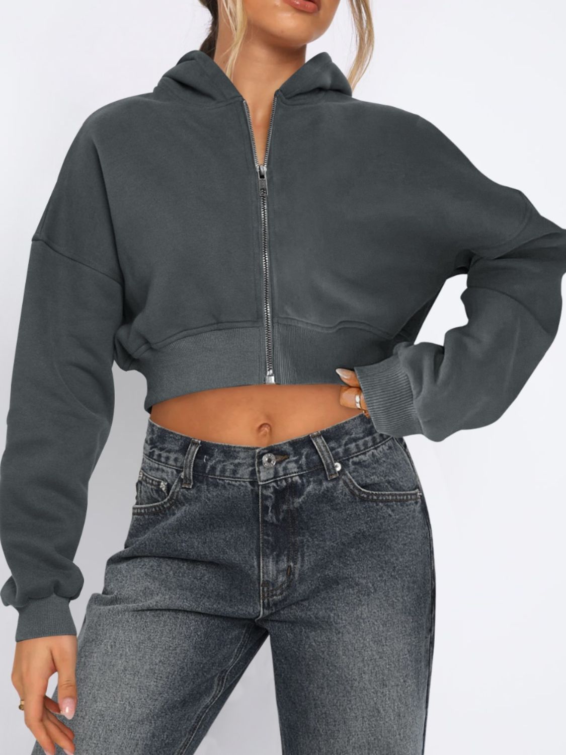 Zip Up Long Sleeve Hooded Cropped Jacket-TOPS / DRESSES-[Adult]-[Female]-Dark Gray-S-2022 Online Blue Zone Planet