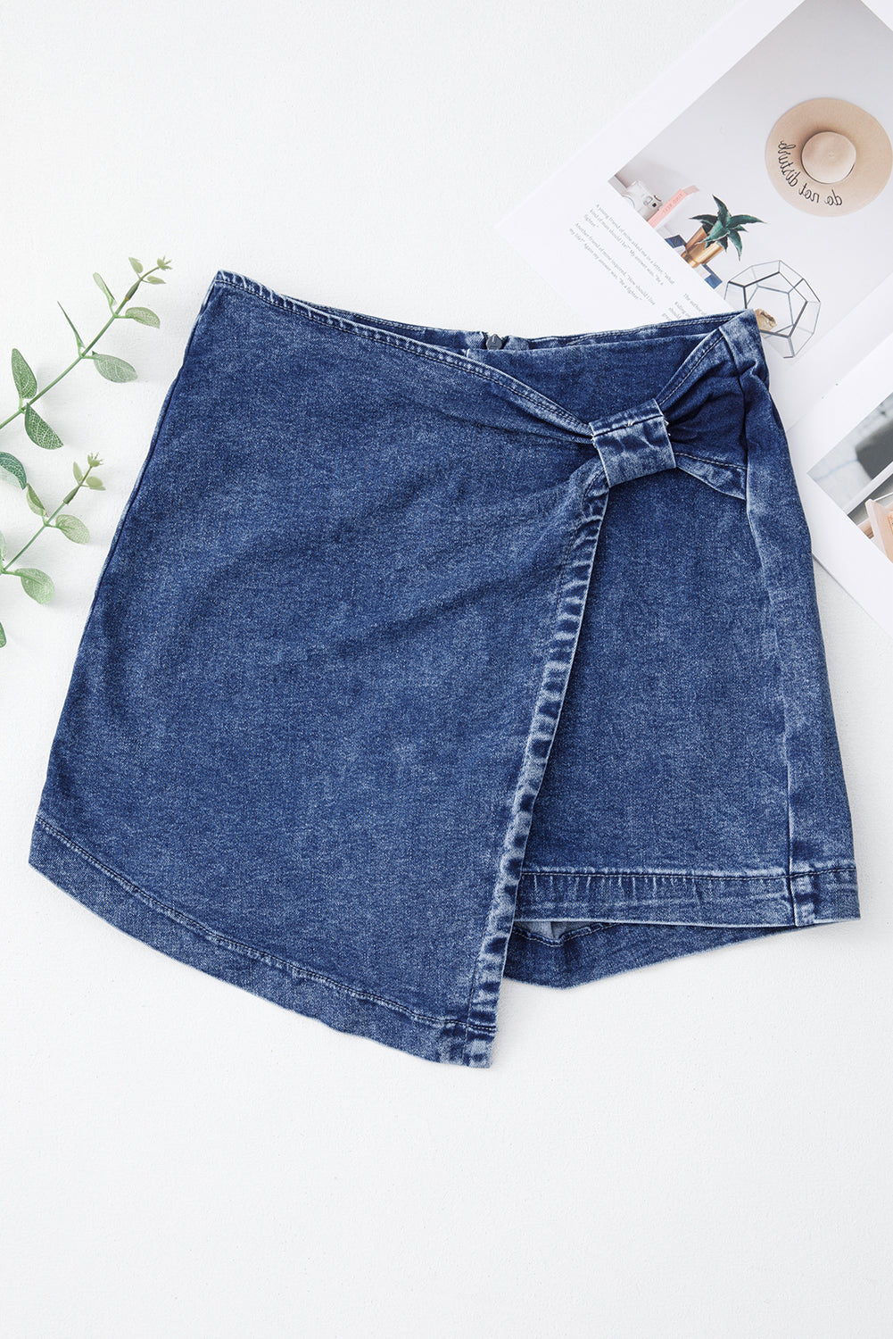 Sail Blue Acid Wash Asymmetric Twisted Wrapped Zipped Denim Skort-Bottoms/Denim Shorts-[Adult]-[Female]-2022 Online Blue Zone Planet