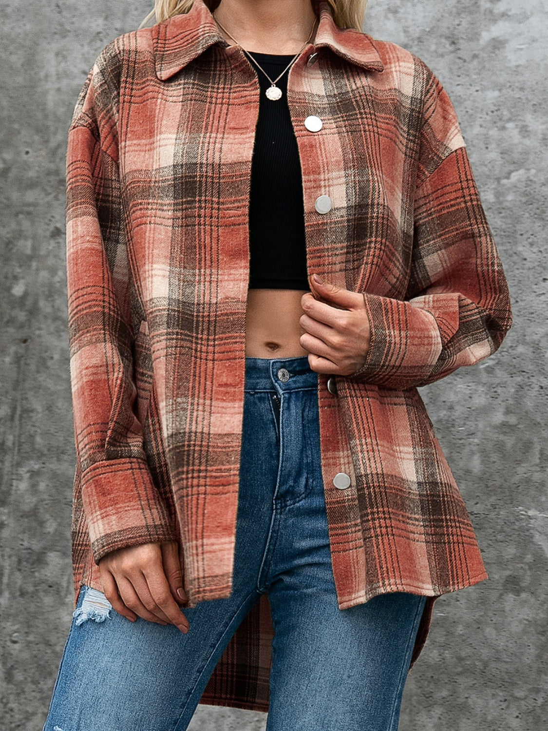 Blue Zone Planet | Plaid Button Up Long Sleeve Jacket-TOPS / DRESSES-[Adult]-[Female]-Brown-S-2022 Online Blue Zone Planet