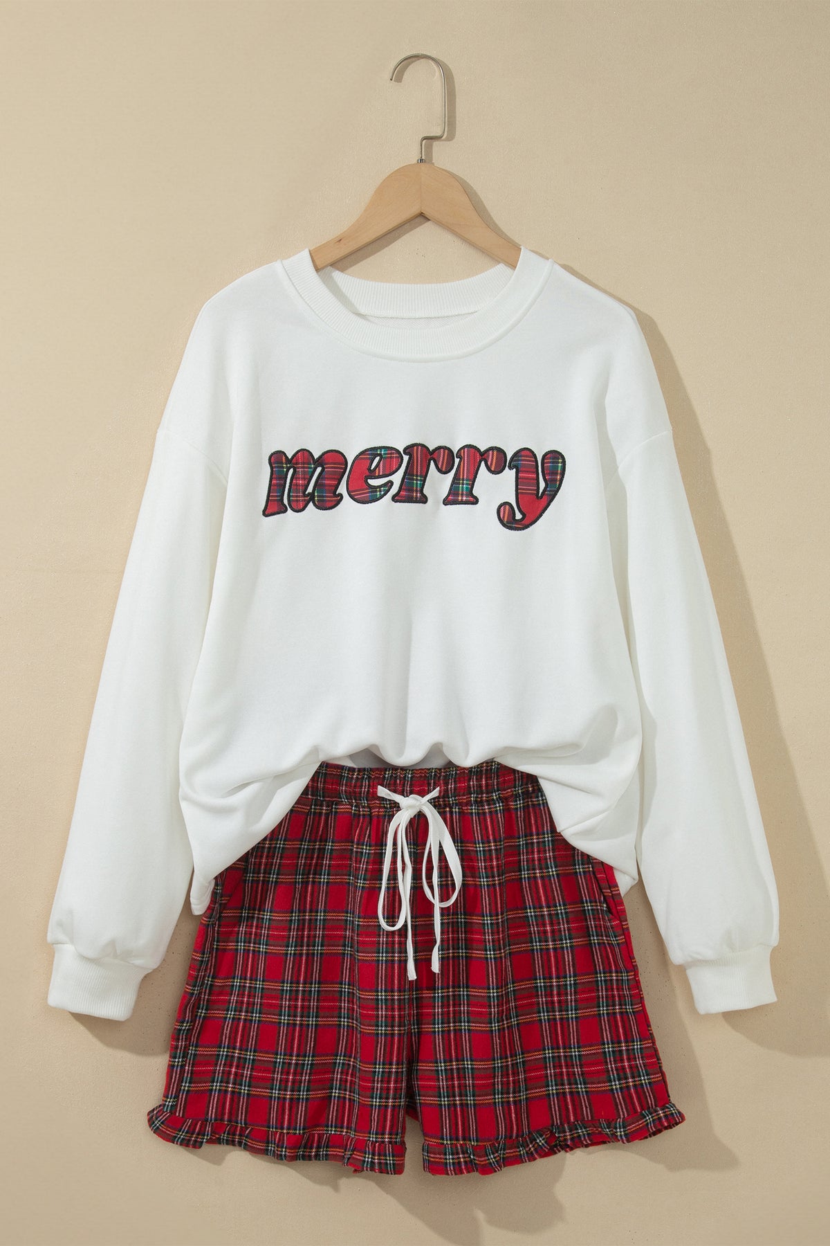 White Plaid Merry Slogan Embroidered Pocket Long Sleeve Shift Lounge Set-Loungewear & Sleepwear/Loungewear-[Adult]-[Female]-2022 Online Blue Zone Planet