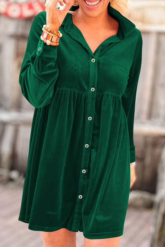 Blue Zone Planet | Green Long Sleeve Ruffle Velvet Button Up Dress-TOPS / DRESSES-[Adult]-[Female]-Green-S-2022 Online Blue Zone Planet