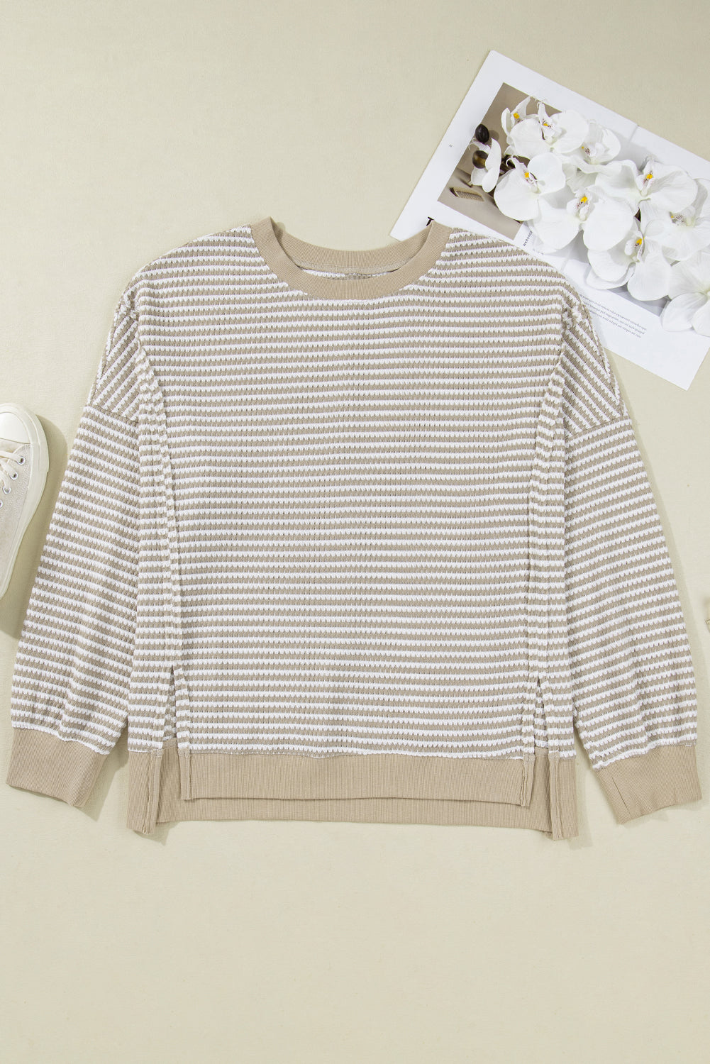 Brown Stripe Plus Size Breathable Knit Ribbed Trim Long Sleeve Top-Plus Size/Plus Size Tops/Plus Size Long Sleeve Tops-[Adult]-[Female]-2022 Online Blue Zone Planet